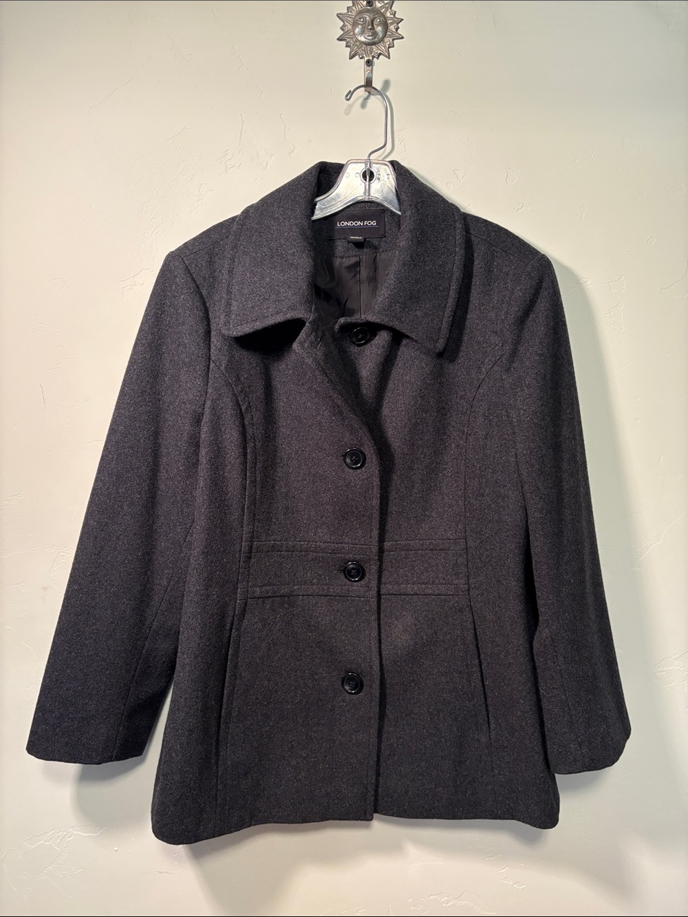 London Fog peacoat women’s XL side pockets dark gray lined 50% wool EUC